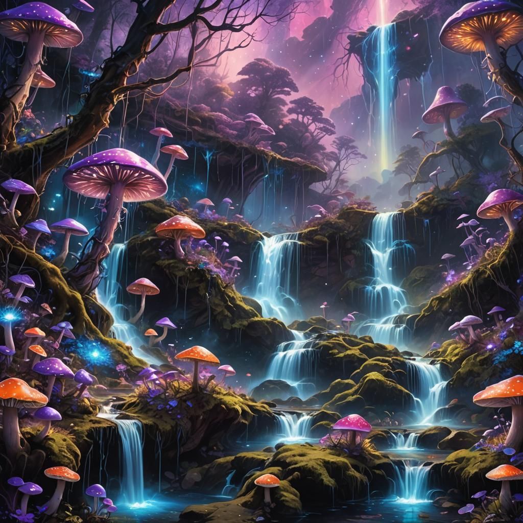 Magical Waterfall in Cosmic Surrealism Style