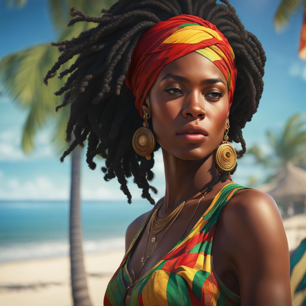 Reggae Woman Portrait on Beach in Splash Art Style