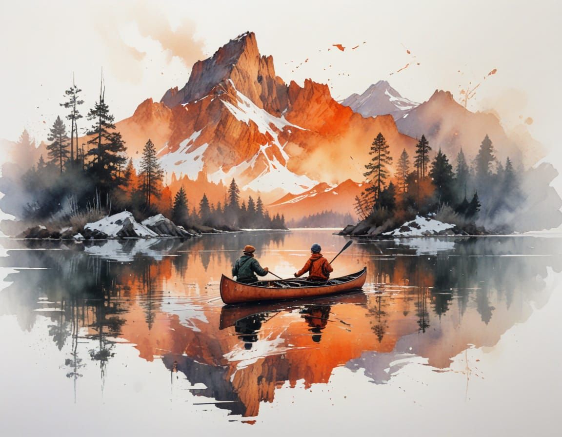 Lone Canoe on Glassy Lake at Sunrise