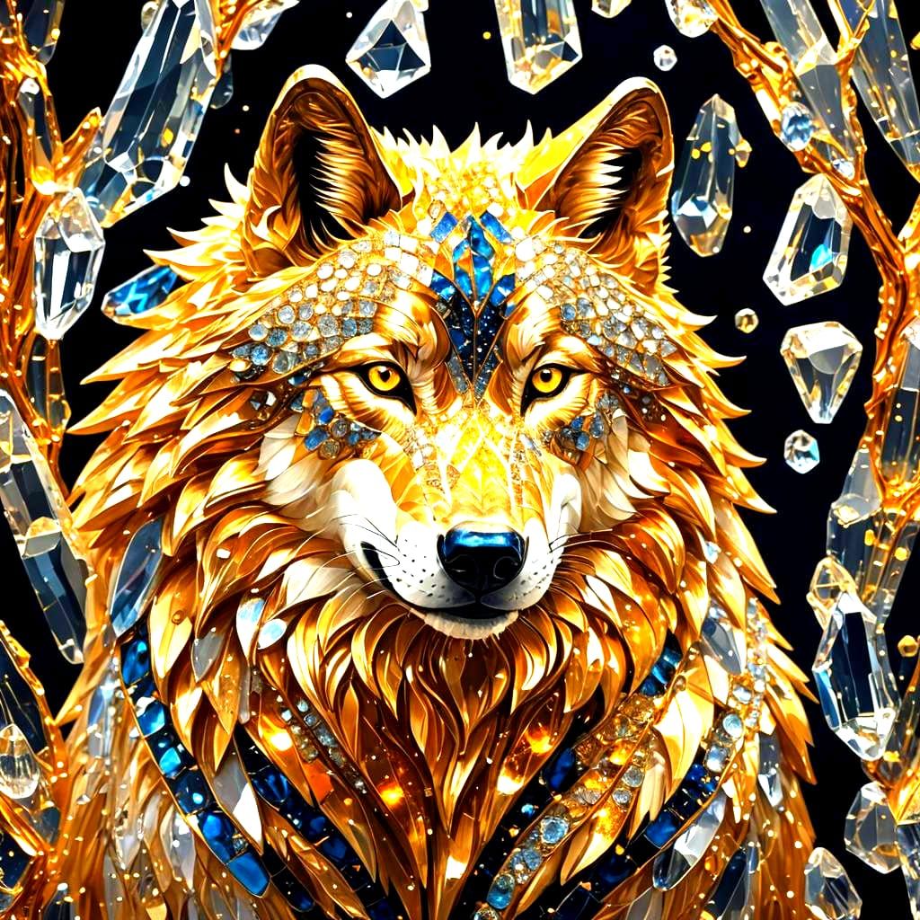 Golden Crystal Wolf in Dark Night: Surreal Art