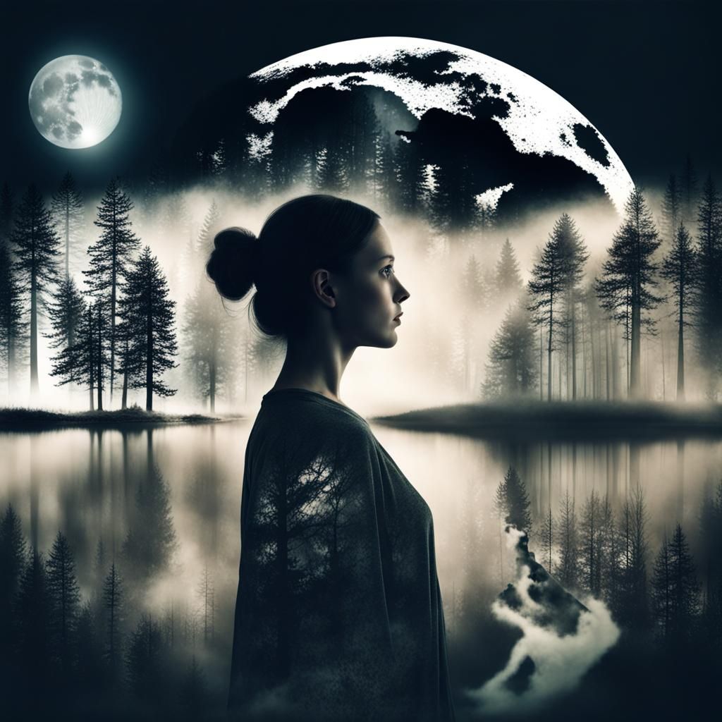 Double Exposure: Woman and Moonlit Forest Memories