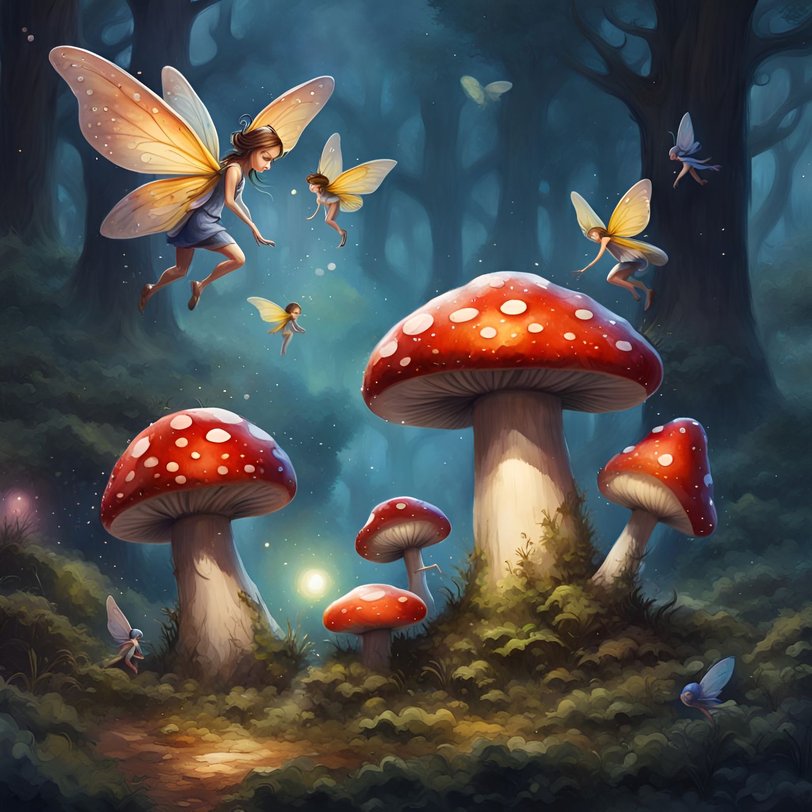Fairies Playing Around Toadstools in Watercolor Graffiti Sty...