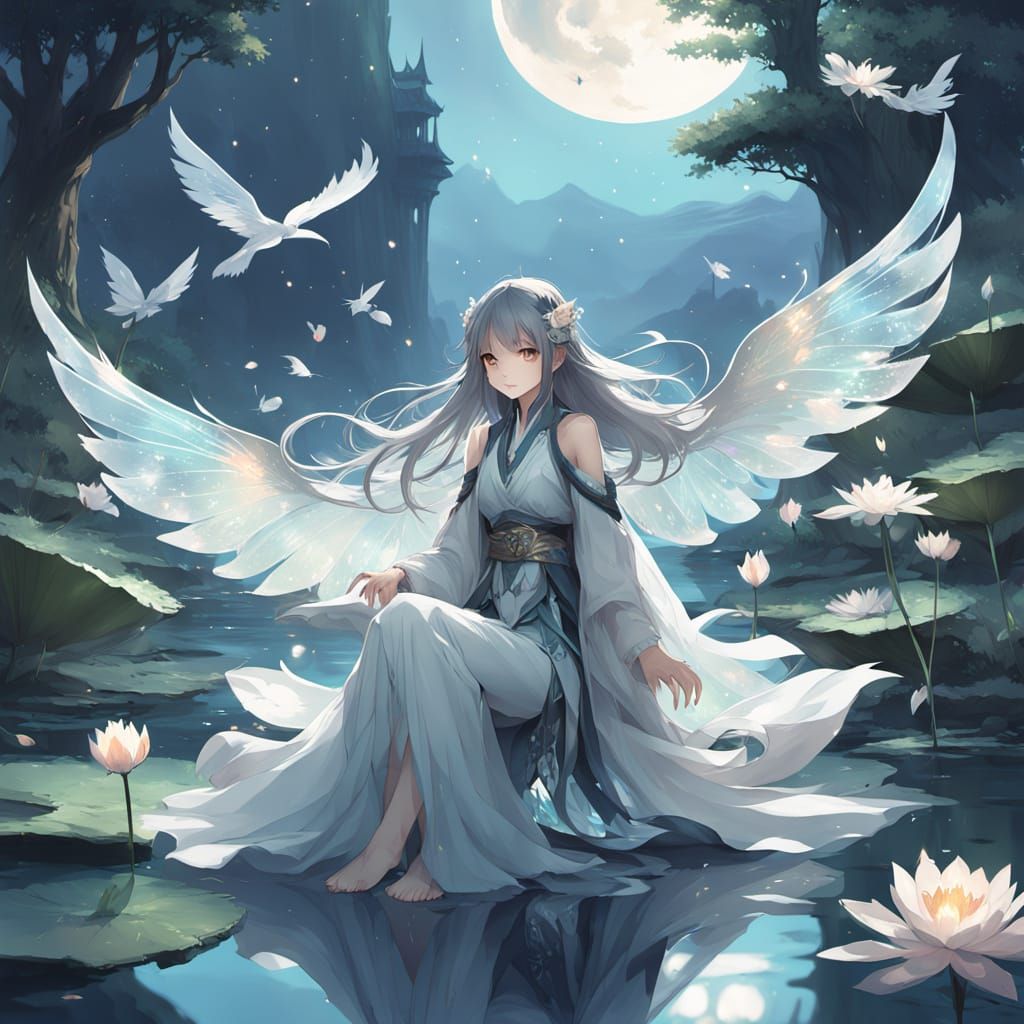 Ethereal Fairy Girl Radiates Serenity Above the Lake