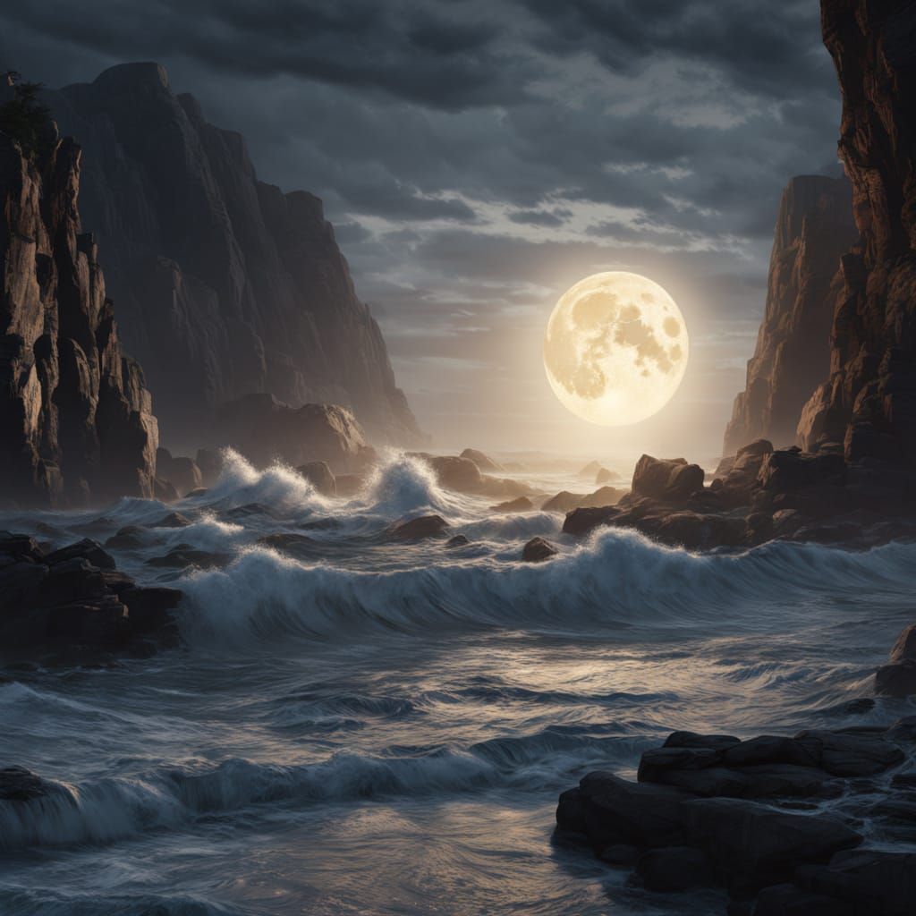 Moonlit Rocky Coastline in Vibrant Digital Painting