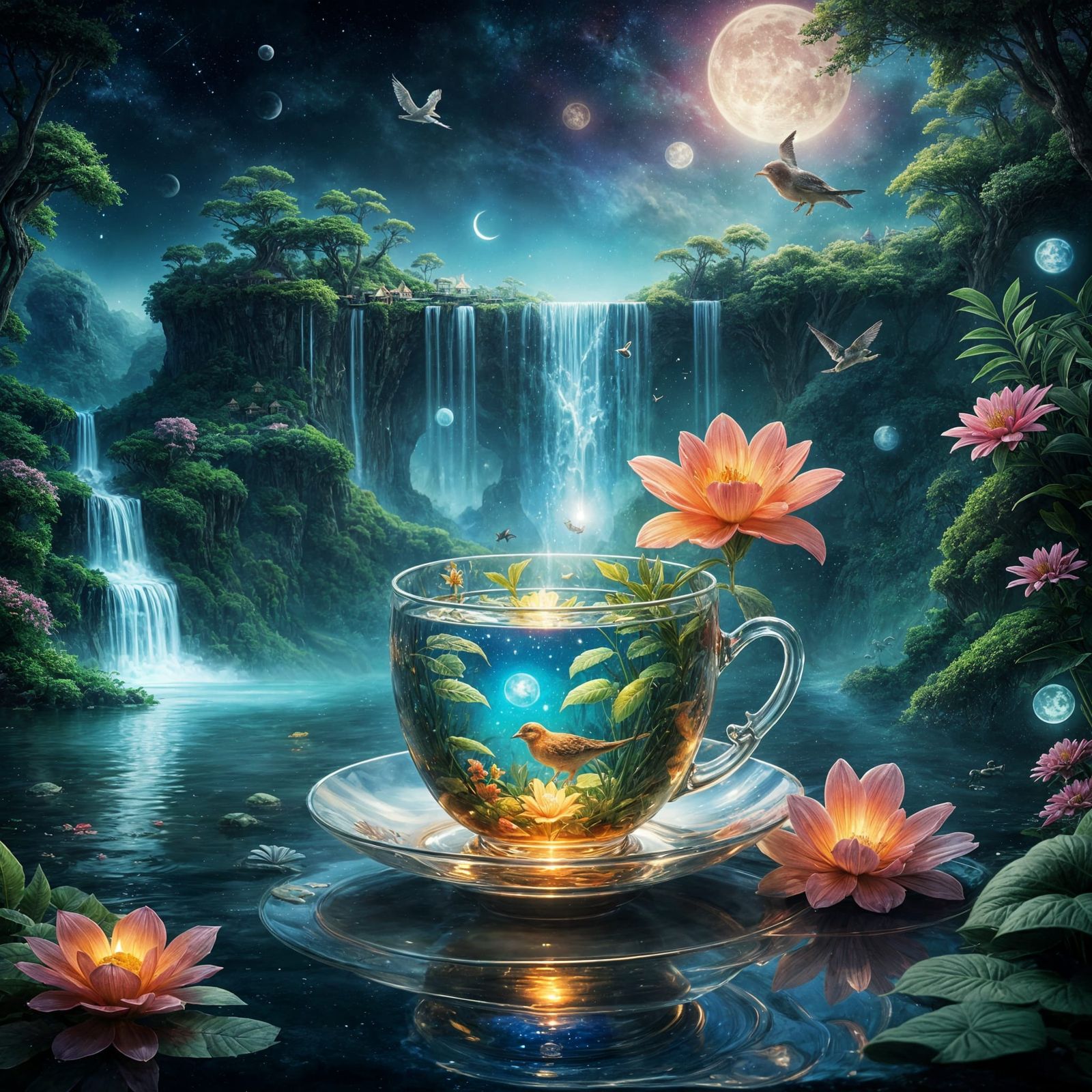 Glowing Teacup with Jungle Floating on Sea
