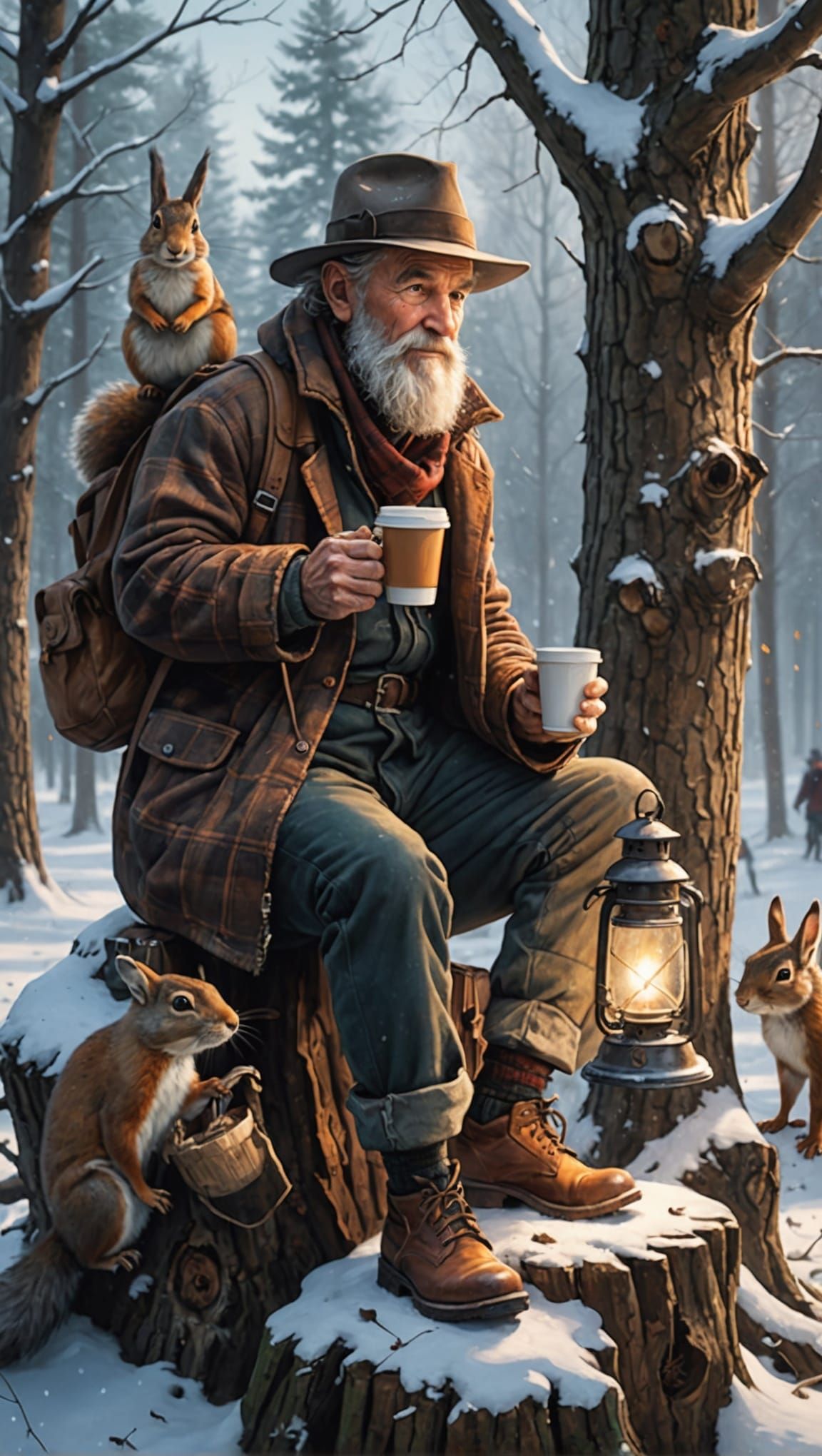 Lumberjack and Animal Friends in Winter Forest