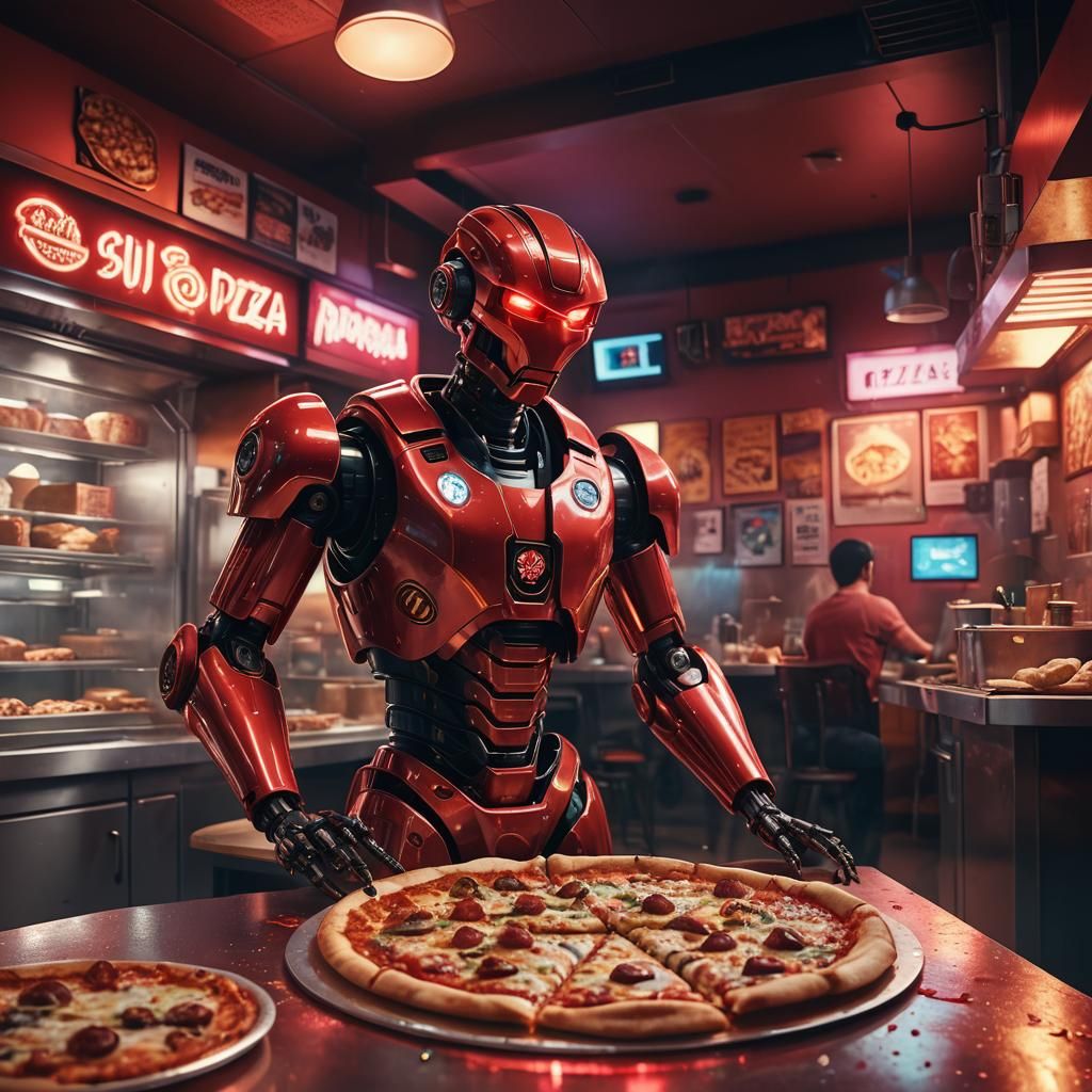Red Robot Serving Pizza in Neon-Lit Shop
