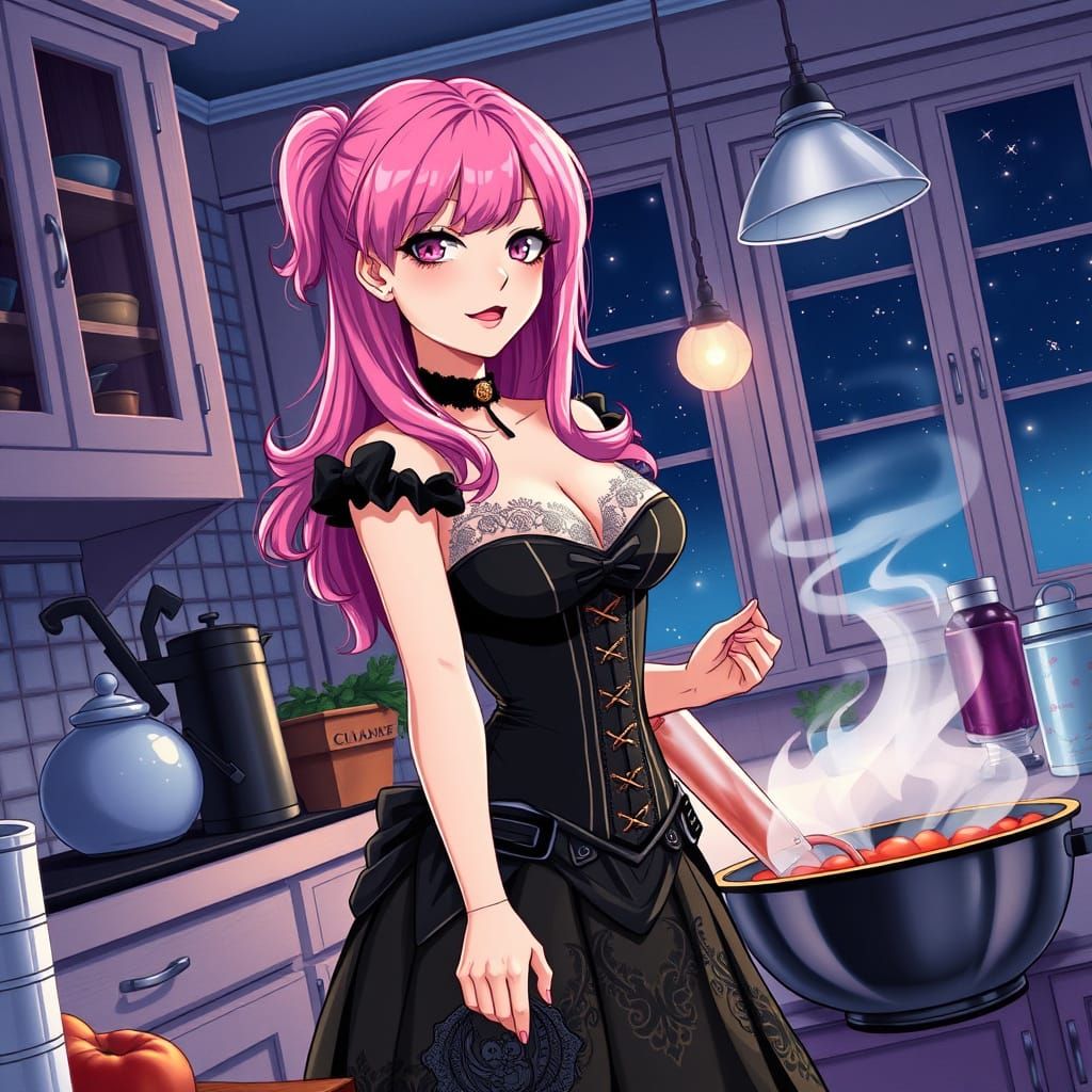 Gothic Anime Woman Cooking in Starry Kitchen