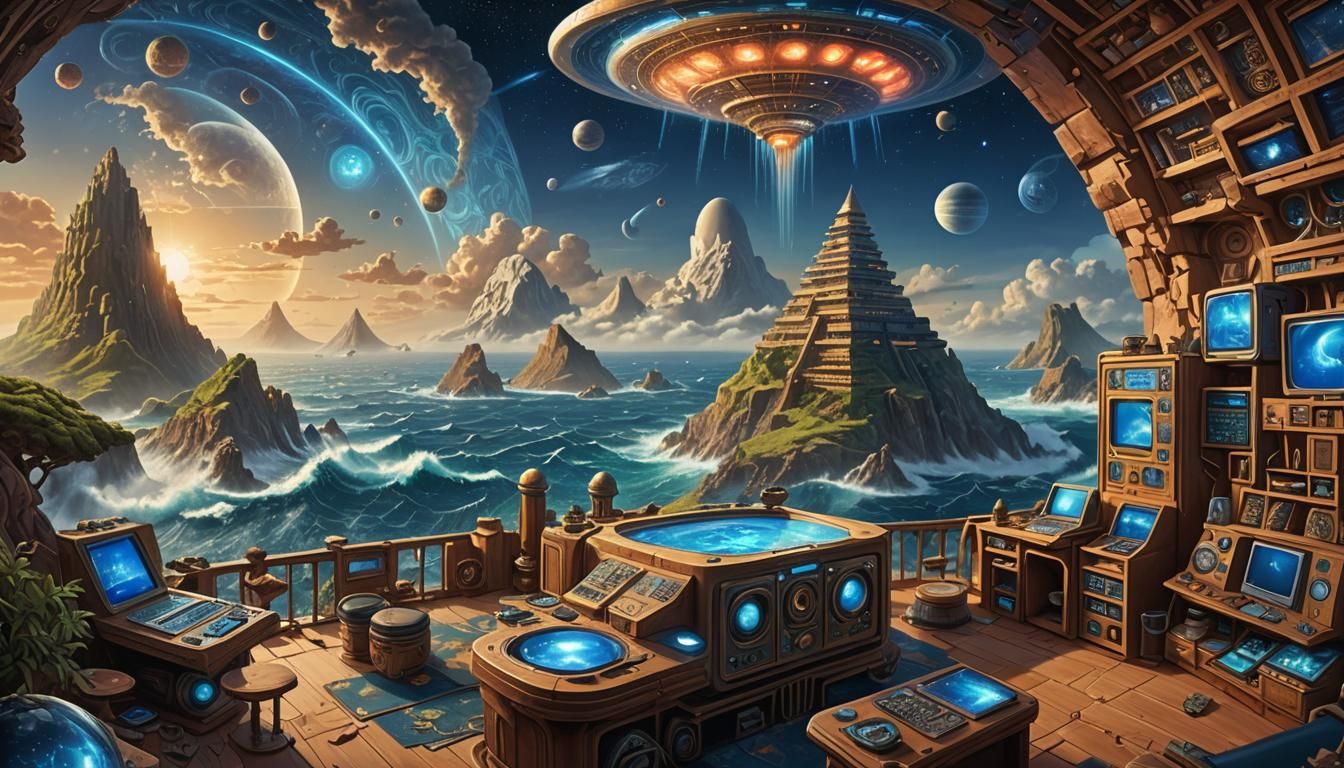 Secluded Cabin with UFO in Psychedelic Sci-Fi Style