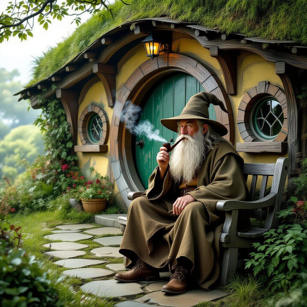 Gandalf at Hobbit Hole in Mystical Style
