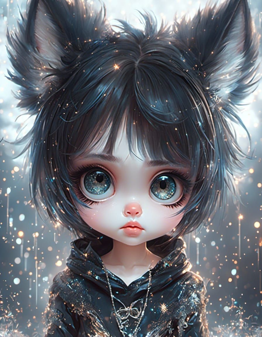 Adorable Goth Hipster Wolf Girl Chibi Cartoon