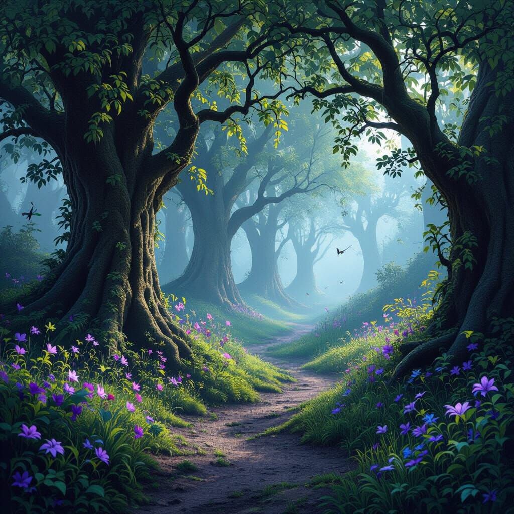 Enchanted Forest with Emerald Green and Mist