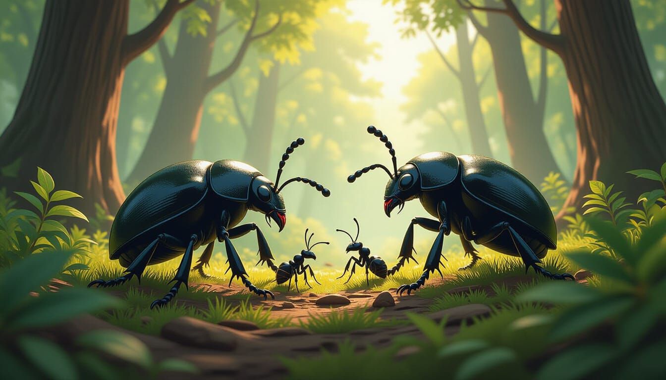 Photorealistic Forest Battle: Beetle Ninjas vs Ant Ninjas