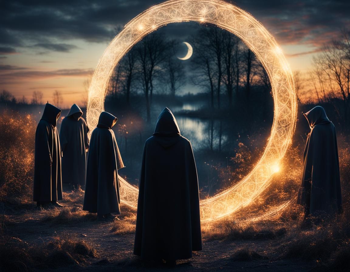 Mysterious Hooded Figures at Twilight in Detailed Photo