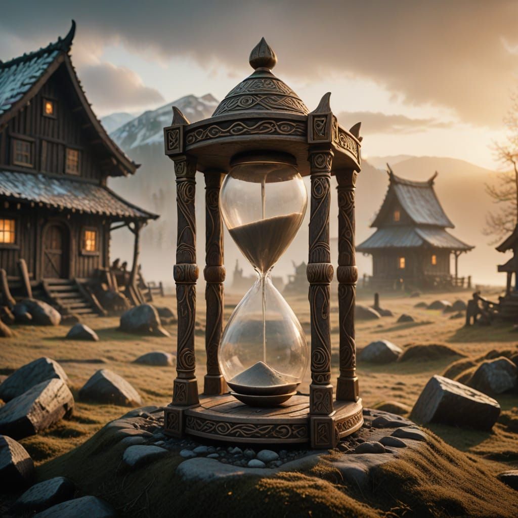 Norse Hourglass Amidst a Viking Village