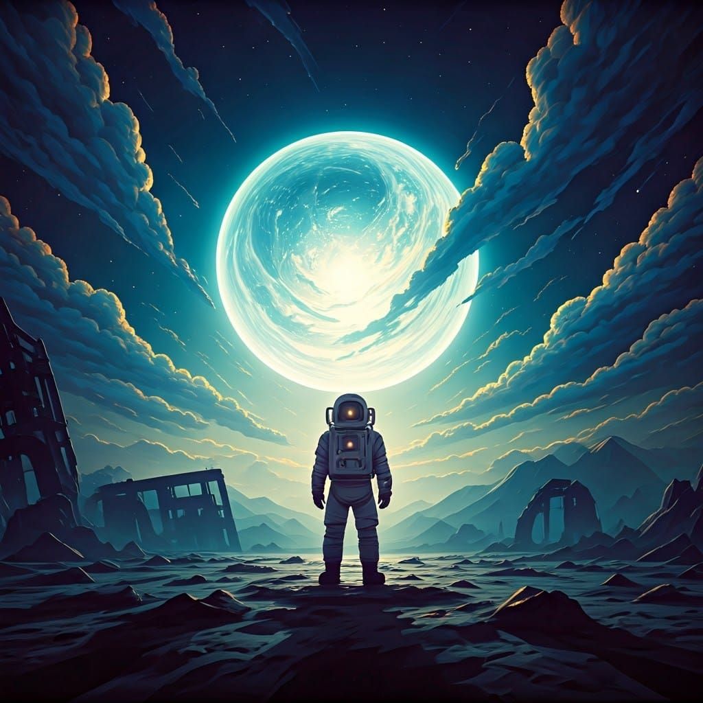 Astronauts on Moon in Mystical Landscape