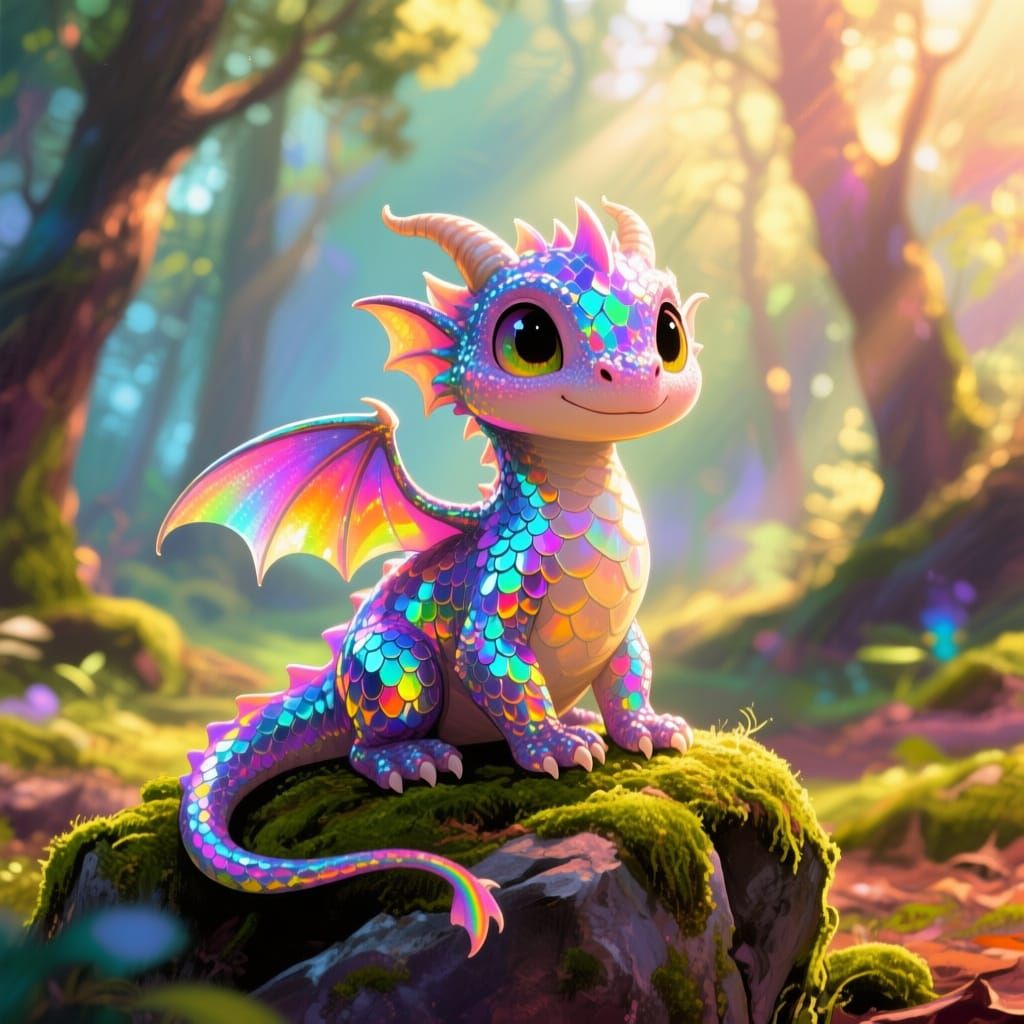 Cute Baby Dragon with Rainbow Mirrored Scales