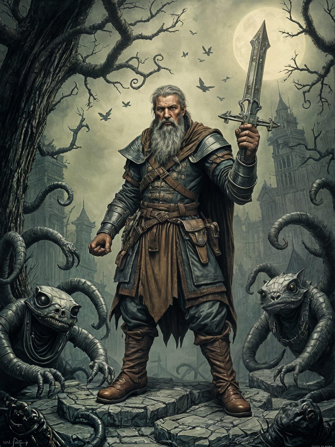 Warrior vs Tentacle Monsters in Gothic Fantasy Style