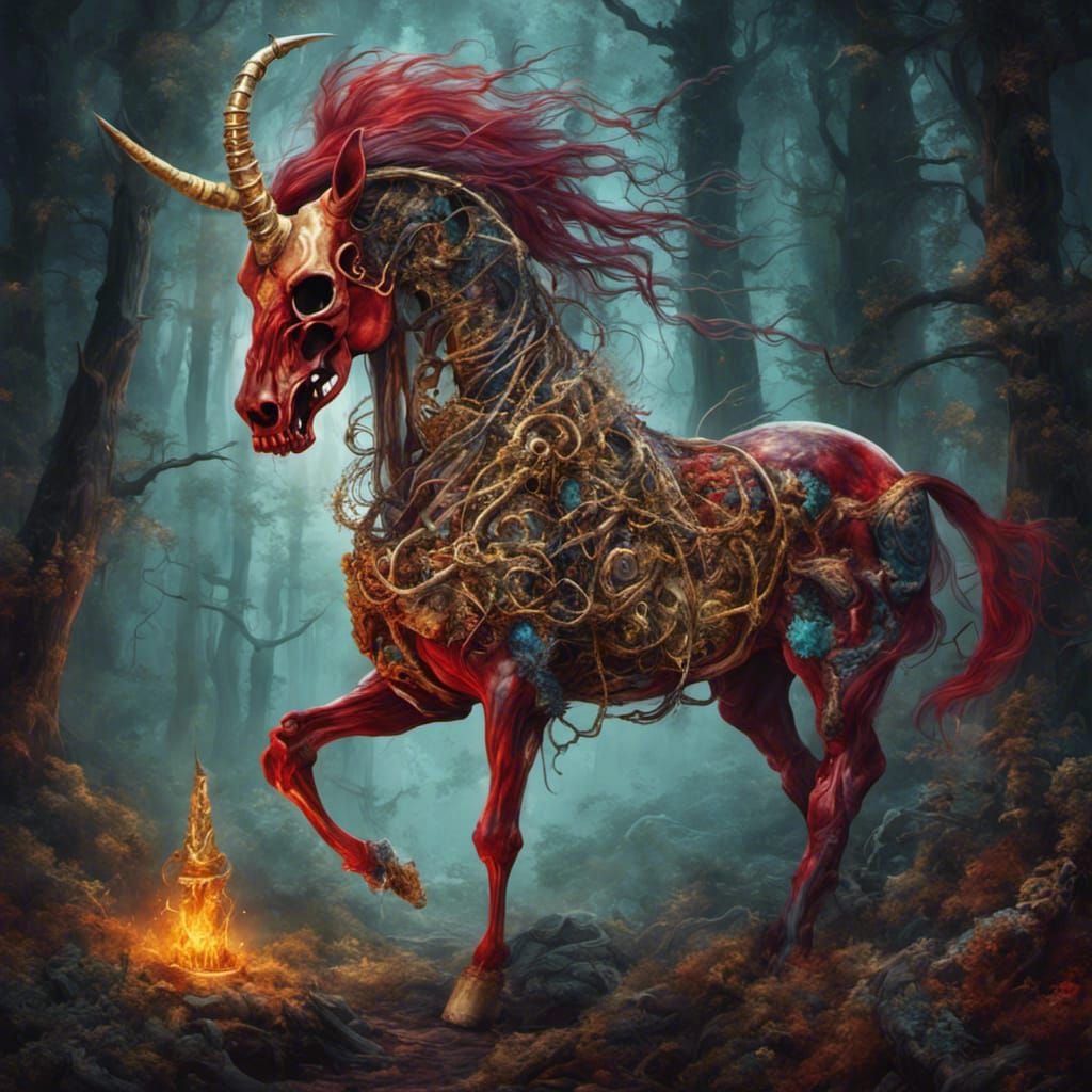 Fantasycore Skeleton Unicorn in a Dark Forest