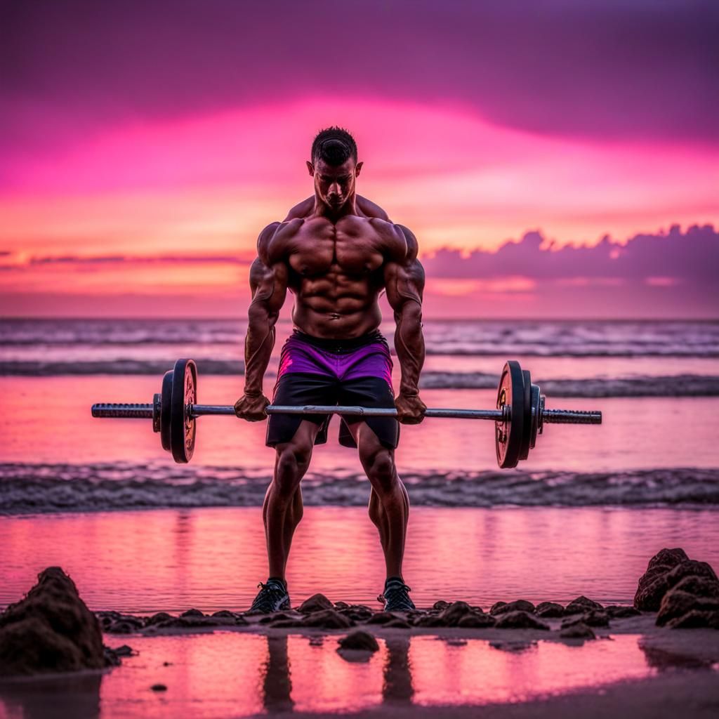 Hyperrealistic Weightlifter Deadlifts at Sunset