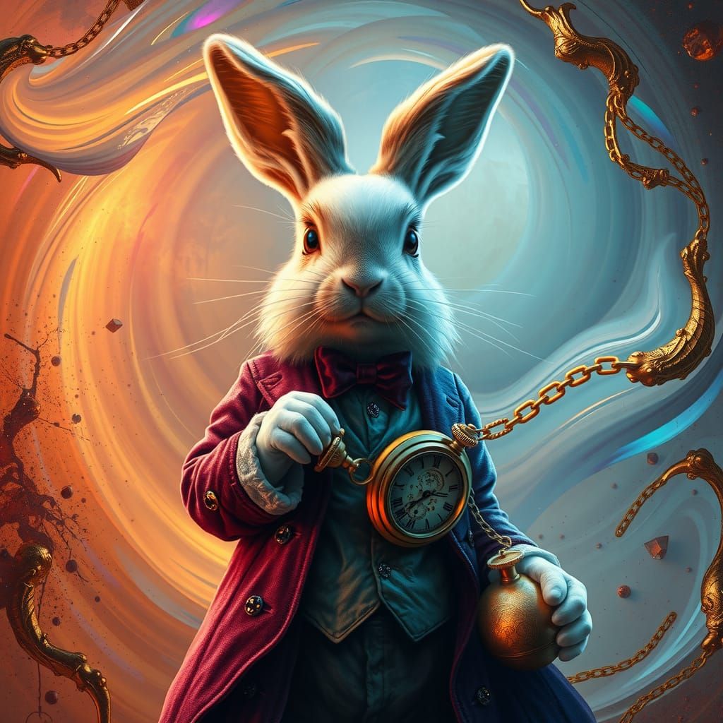 Alice in Wonderland White Rabbit in Iridescent Paint Vortex