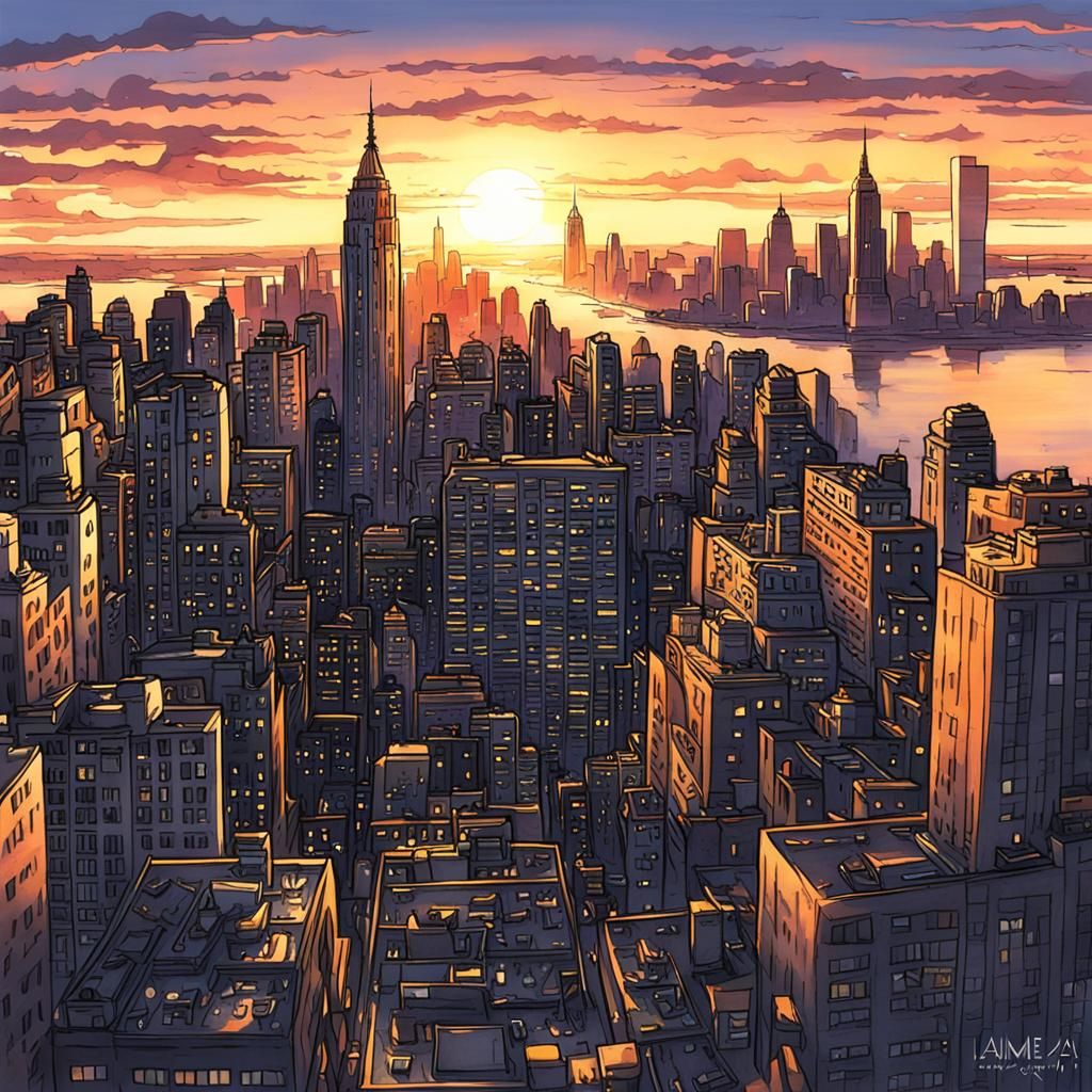 Anime-Style Sunrise Over New York City