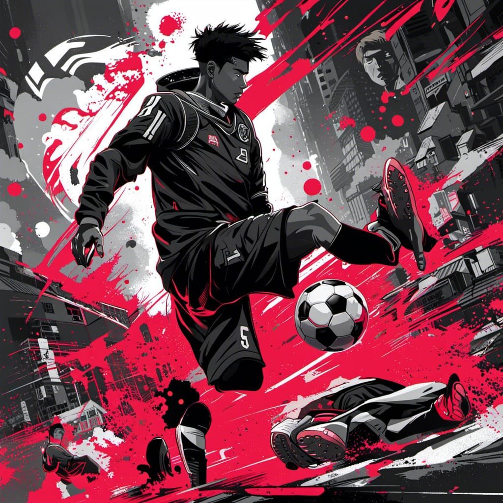 Cyberpunk Soccer Player in Dystopian Japanese City