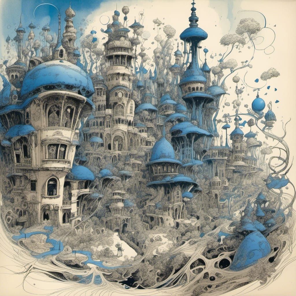 Art Nouveau Town in Blue Ink Drawing
