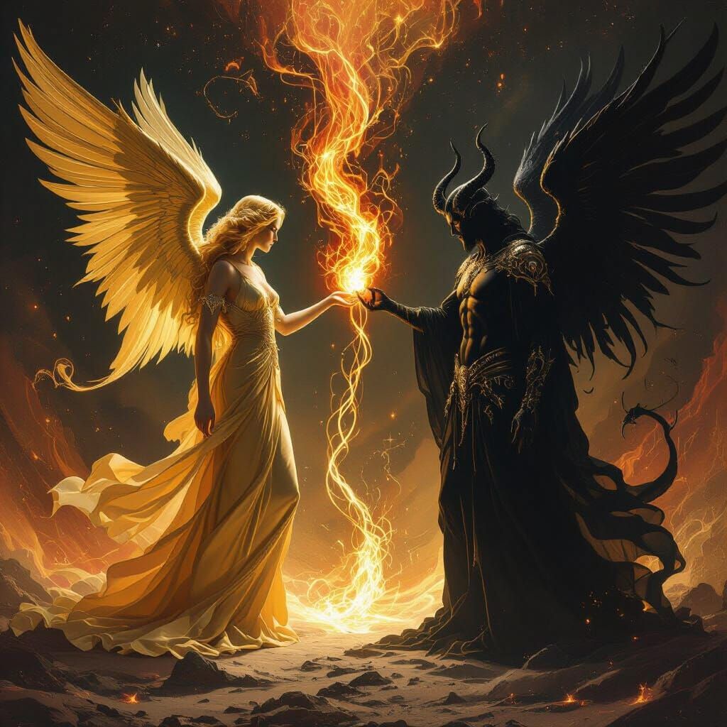 Divine Figures Exchanging Souls in Cosmic Spectacle