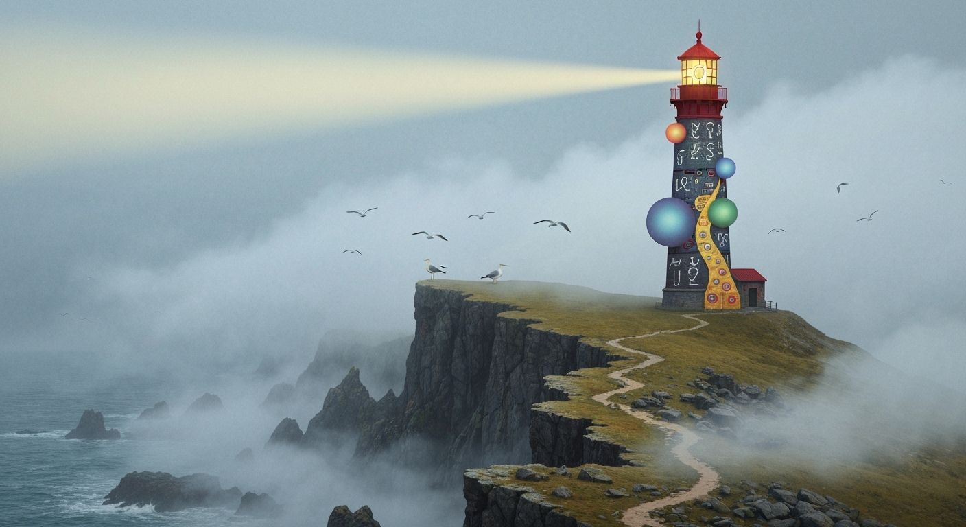 Surreal Lighthouse on Windswept Cliff in Klimt-Bosch Style