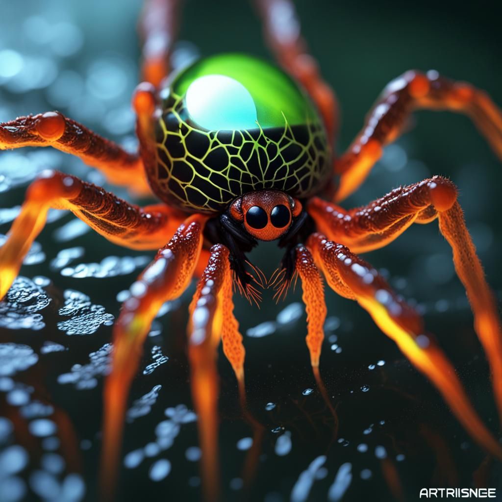 Creepy Detailed Eye Reflecting Orb Weaver in Neon