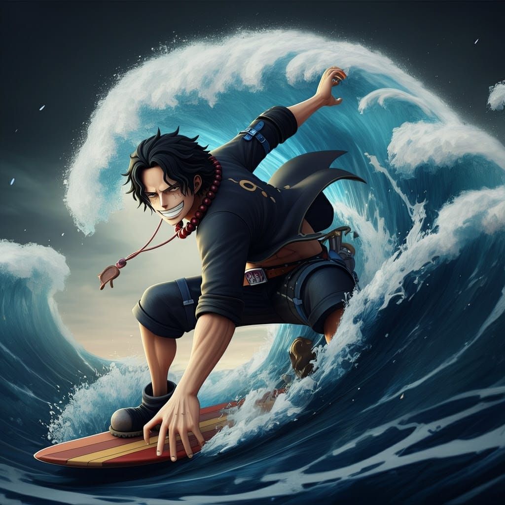 Pirate Ace Surfs Turbulent Waves in Vibrant Anime Style
