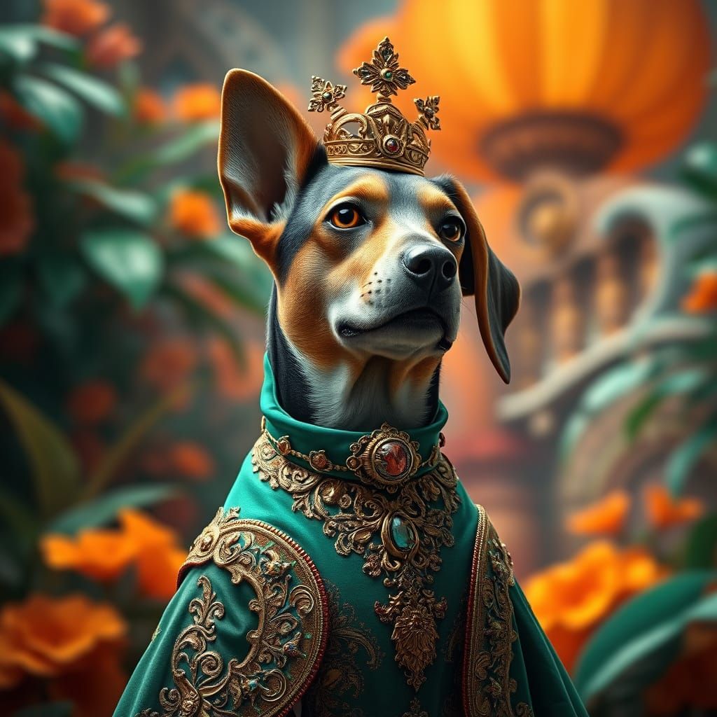Regal Beagle in Elegant Dress: Art Nouveau Style