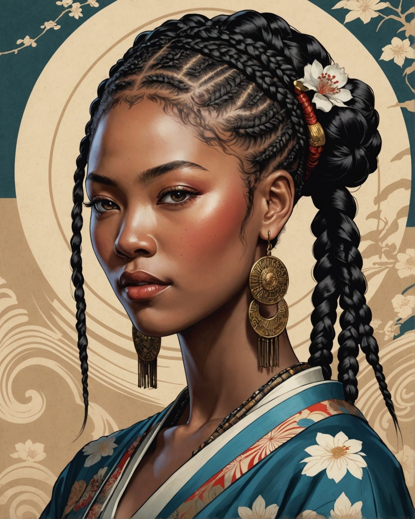 Ukiyo-e Afrocentric Woman Portrait in Bijin-ga Style