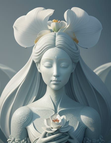 Giant Orchid Statue With Ethereal Human Face In Pastel Color...