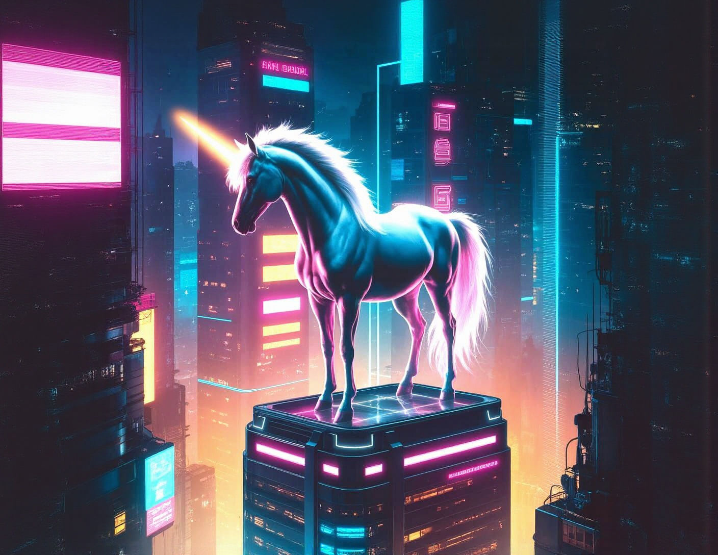 Cyberpunk Unicorn on Futuristic Skyscraper