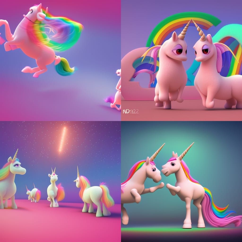 Pink Fluffy Unicorns Dancing on Rainbows in 3D