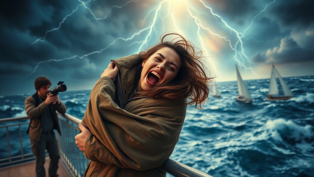 Vibrant Portrait of Joyful Storm Encounter in Geometric Cubi...