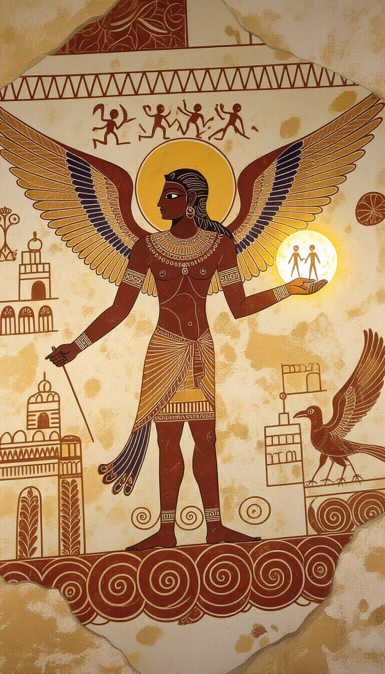 Ancient Cave Art of Winged Deity Holding Glowing Orb