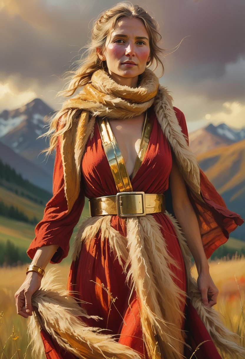 Expressionist portrait. An ancient woman wearing a long red ...