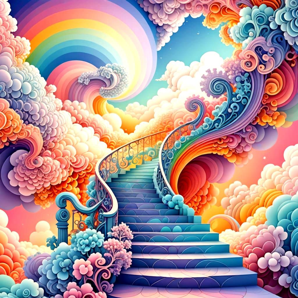 Infinite Staircase Amidst Vibrant Clouds and Rainbows