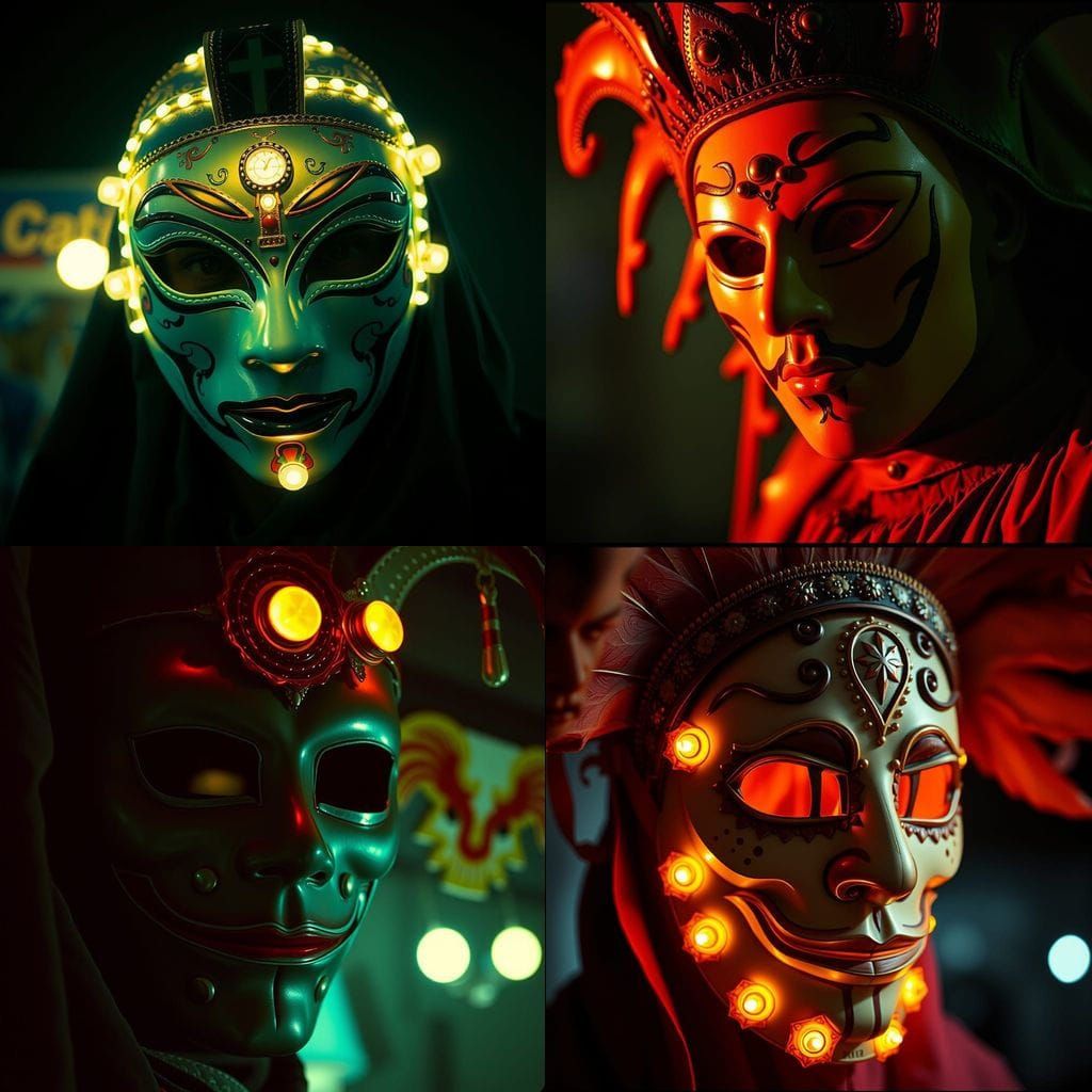 Cinematic Carnival Mask Portrait with Film Grain and Vignett...