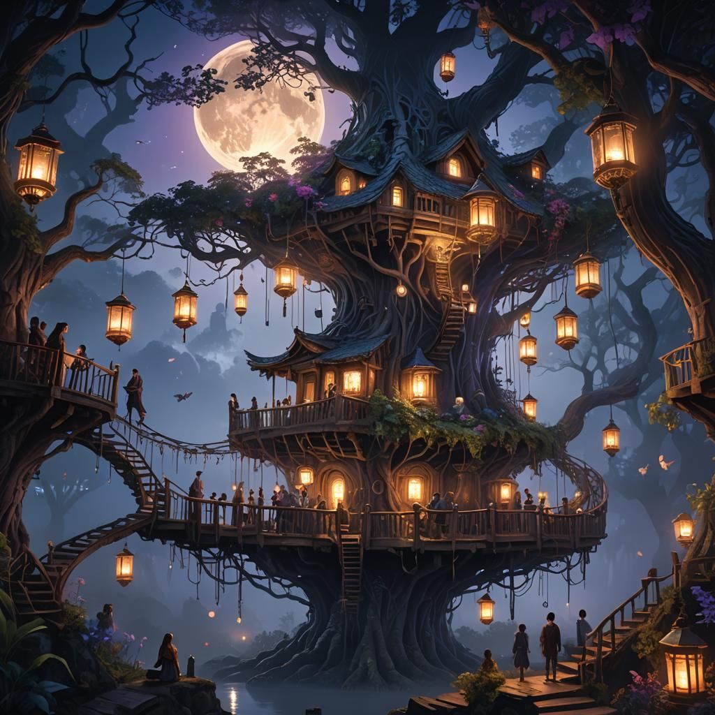 Mystical Treehouse Gathering: Fantasy Art in Unreal Engine