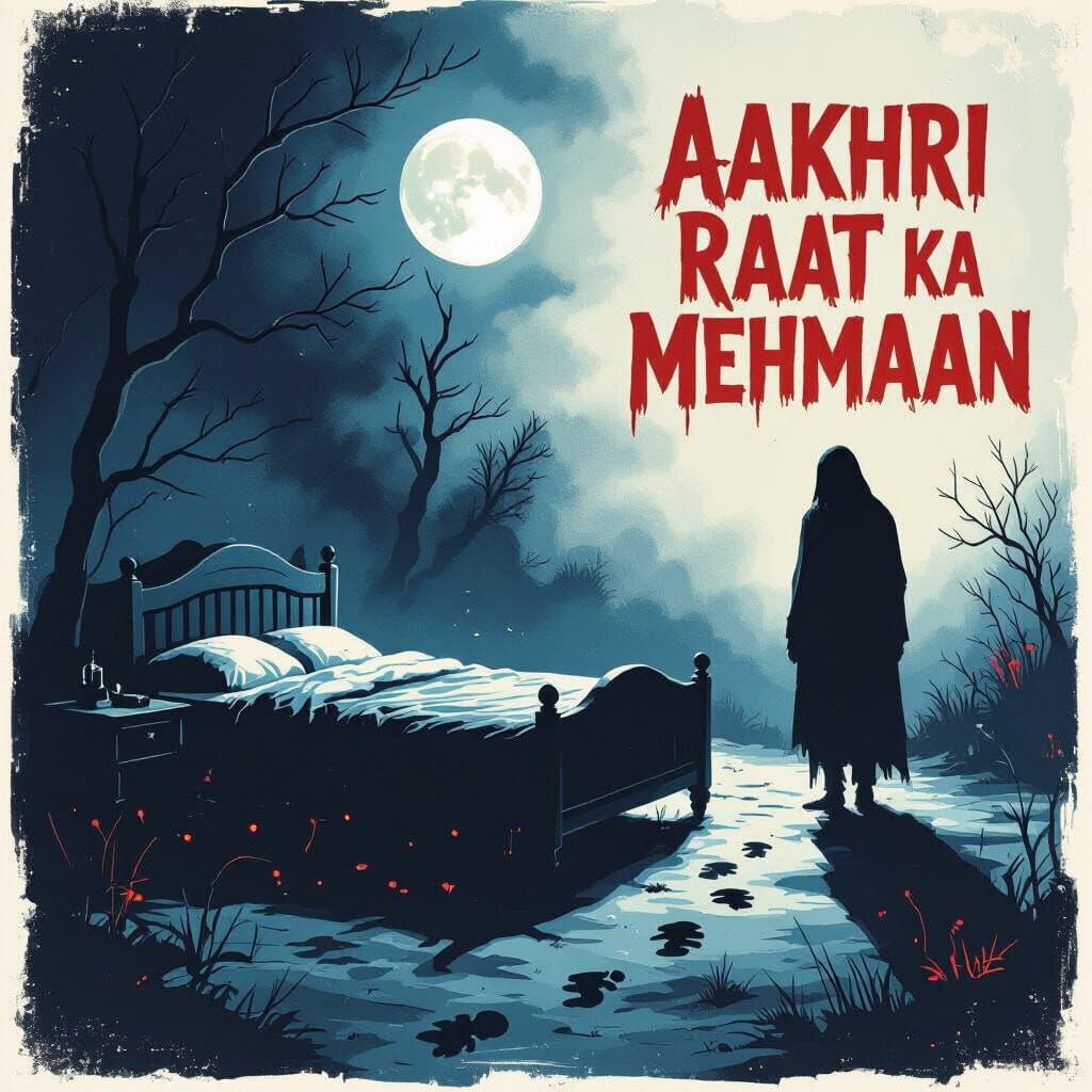 Eerie Bedroom Scene with Shadowy Figure, Moonlight