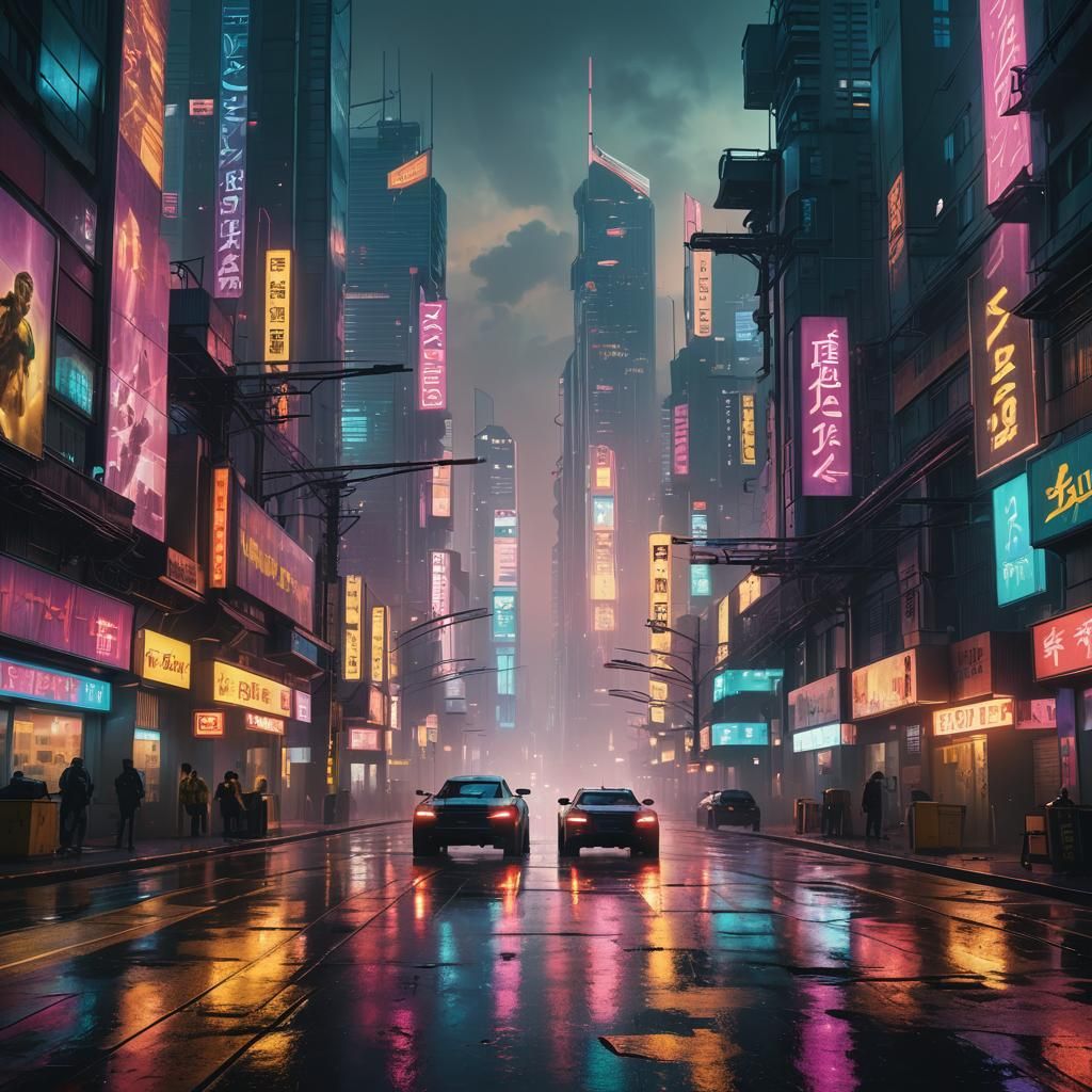 Cyberpunk Cityscape at Dusk in Vibrant Oil Painting