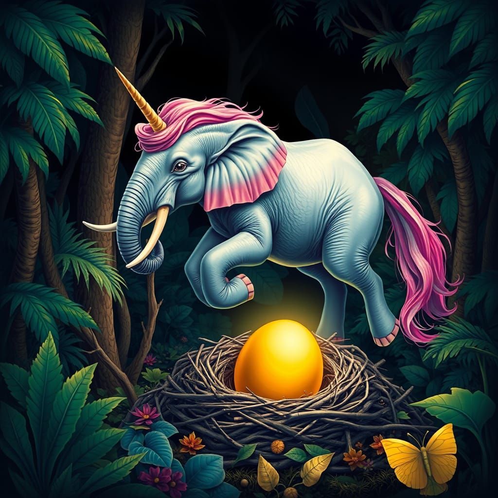 Surreal Jungle Scene with a Flying Unicorn-Elephant and Gold...