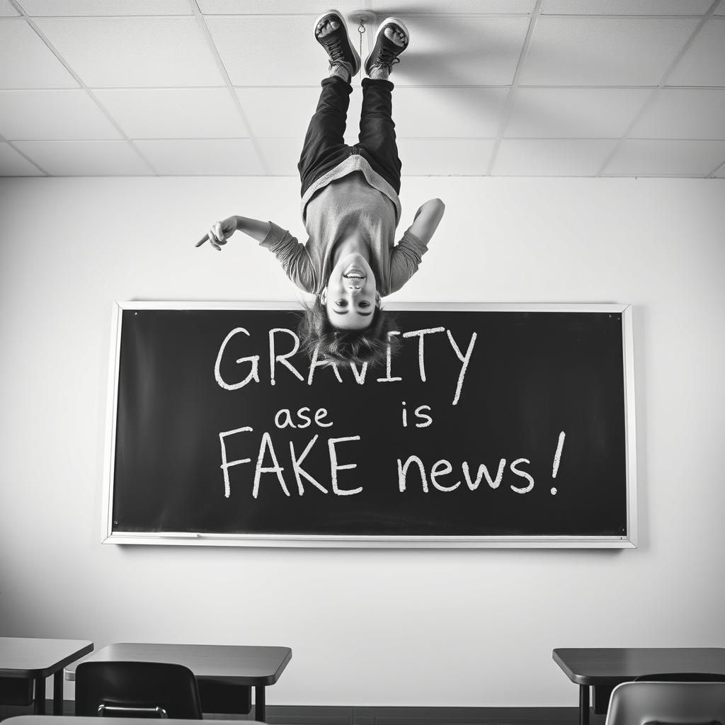 Defying Gravity: Surreal Classroom Photo in Black and White