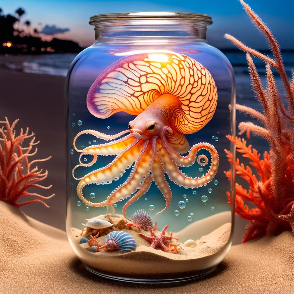 Surreal Hybrid Creature in Jar on Beach