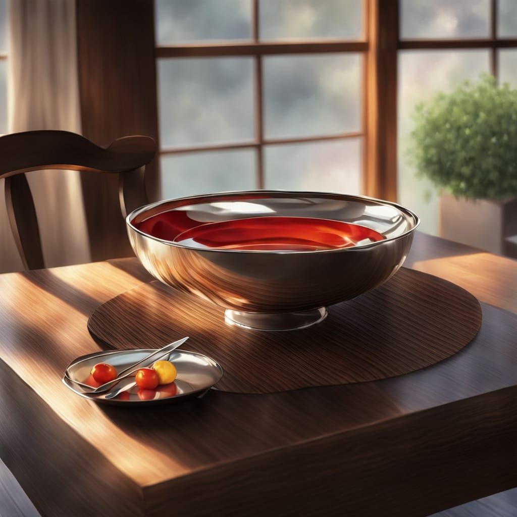 Elegant Silver Bowl on Wooden Table, Anime Style