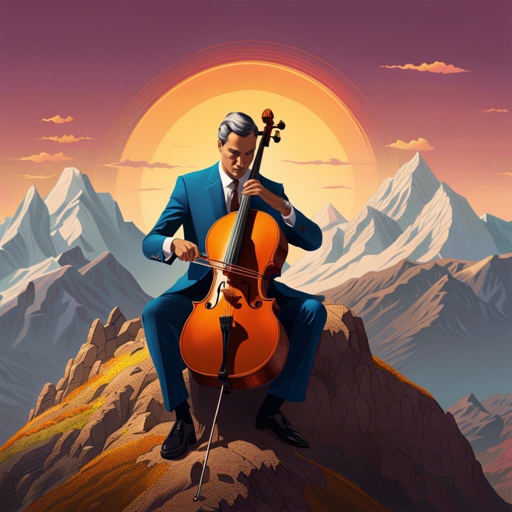 Cellist Plays on Mountain Top: Retro Concept Art